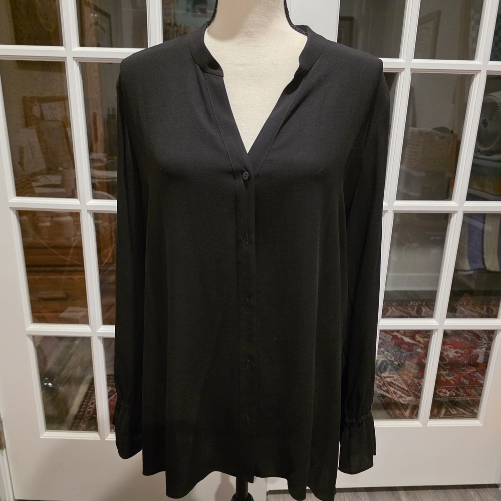 NWT Eileen Fisher Black Silk Georgette Mandarin Collar Shirt. Size L